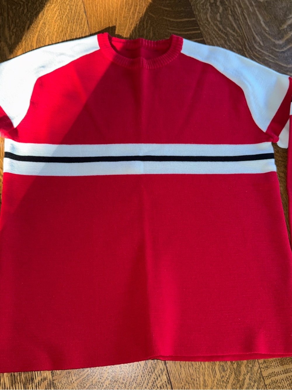 Red Crewneck Sweater with White & Black Stripe - Women's Crew Neck - Picture 13 of 13